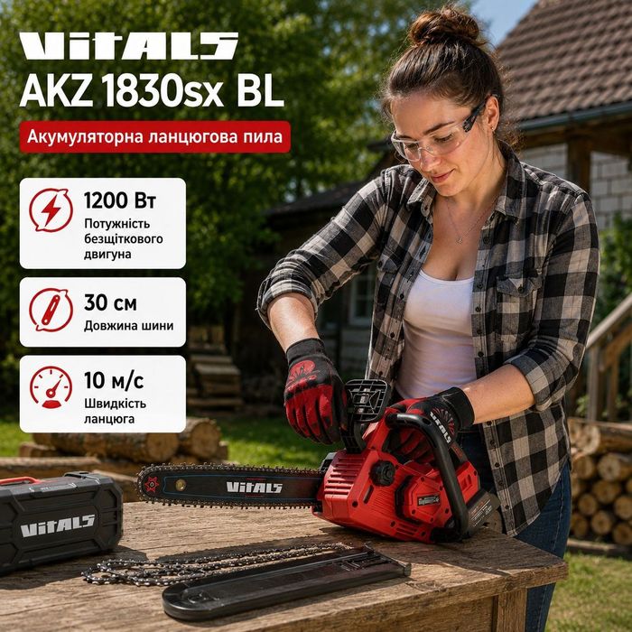 Акція! Акумуляторна ланцюгова пила Vitals AKZ 1830sx BL — безщітковий двигун 1200 Вт, шина 30 см | Надійність Потужність  Якість