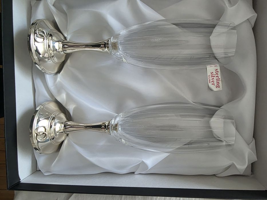 Conjunto Exclusivo de Flutes Champagne em Cristal e Prata 925
