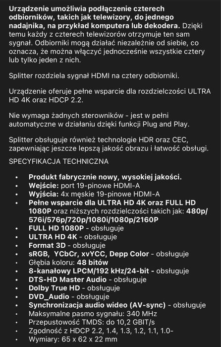 Splitter HDMI 2.0 + kable HDMI