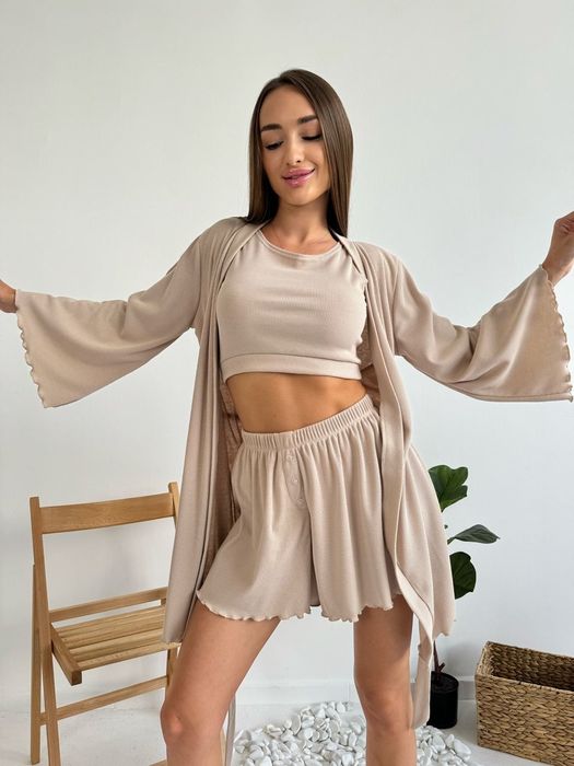 Набір 3 в 1 в рубчик піжама + халат топ шорти