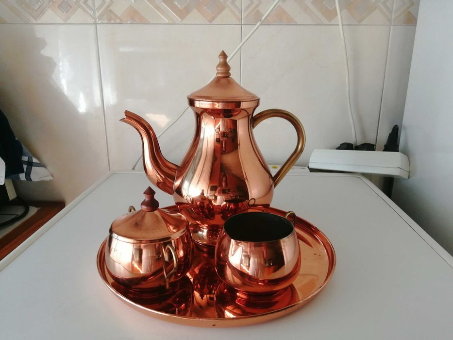 Conjunto de Serviço chá antigo de cobre e latão com bandeja