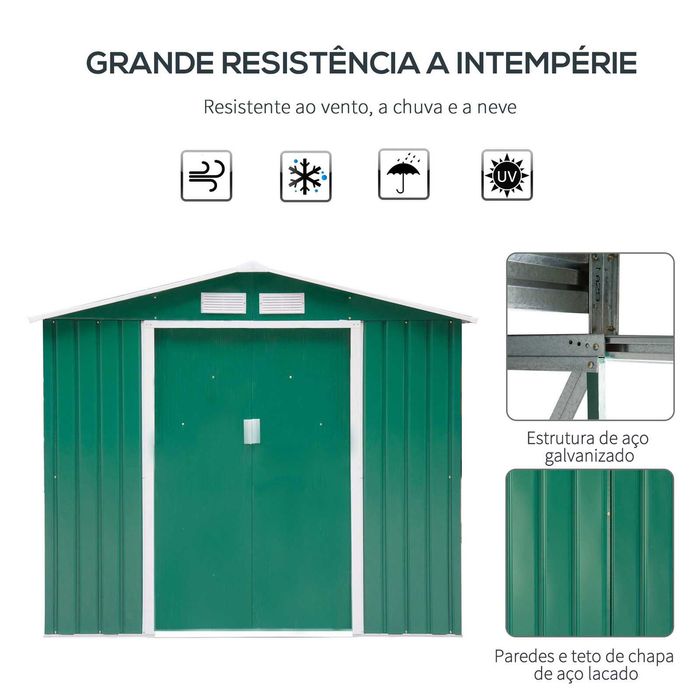 Abrigo exterior em aço galvanizado 213x130x185 cm com 4 janelas