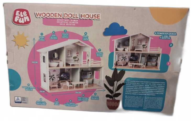 Drewniany Domek dla lalek kreatywny zestaw 15MEBELKÓW 4 POKOJE i TARAS