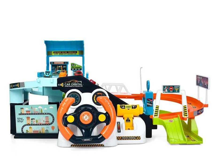 Великий ігровий набір 2в1: паркінг+трек (кермо, трек, ліфт, 6 машинок)