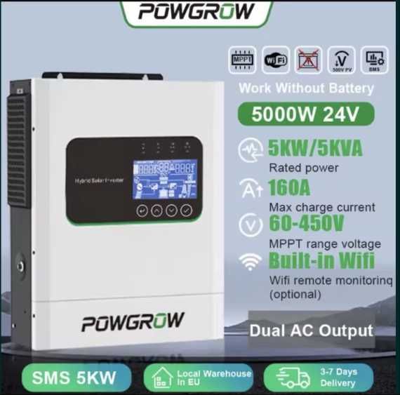 Найтихіший гібридний сонячний інвертор POWGROW 5 kWt / 24В /МРРТ9000W/зарядка 160A.