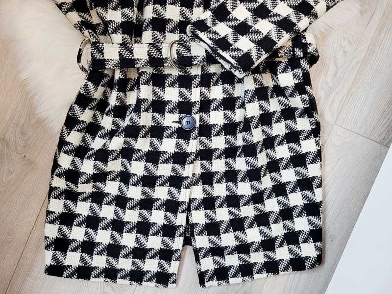 Kremowo-czarny płaszcz w pepitkę z wełną, paskiem, Bik Bok, L (40)