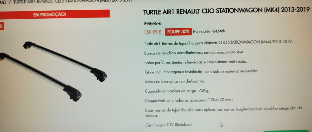 Barras tejadilho Turtle Air1 para Renault Clio ST MK4
