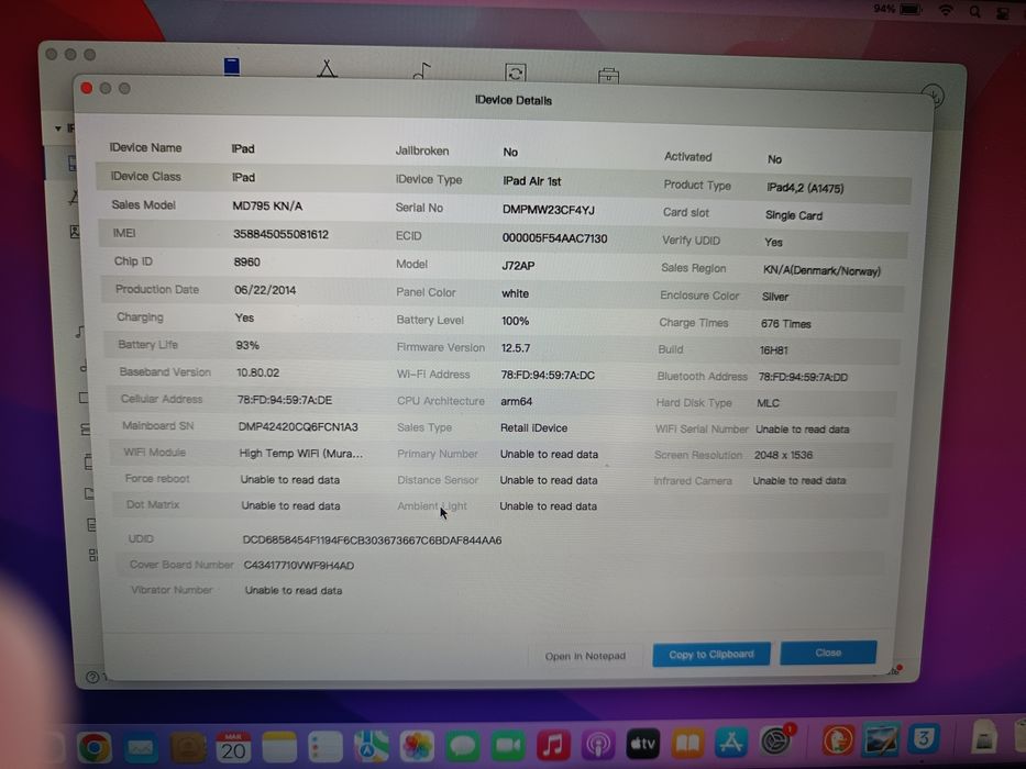 iPad Air A1475 zablokowany