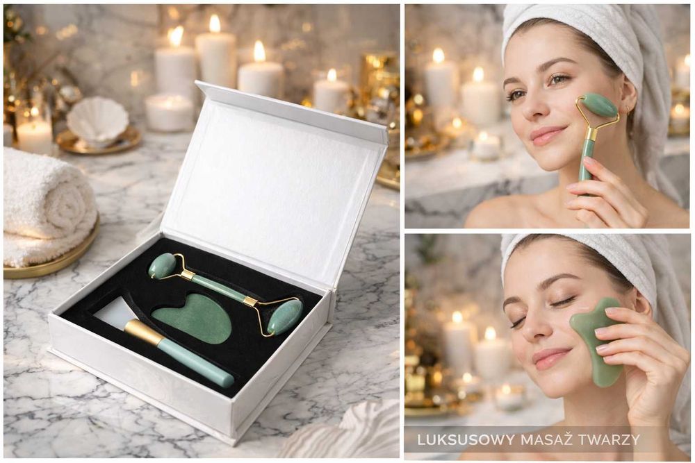 Roller jadeitowy gua sha zestaw + pędzel masaż twarzy lifting spa nowy