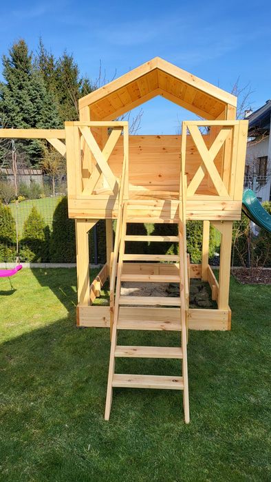 Duży Drewniany Domek dla Dzieci WENUS Plus Huśtawka, Zjeżdżalna