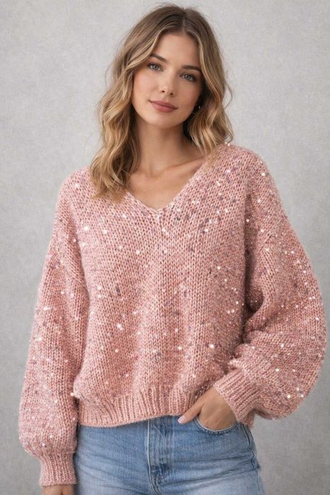 Ręcznie robiony sweter moherowy z cekinami