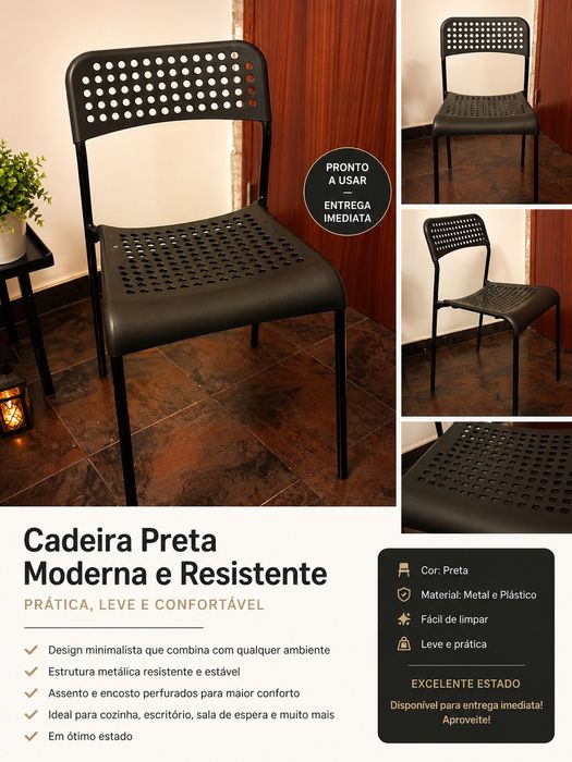 Cadeira Preta Moderna Minimalista – Resistente e Confortável