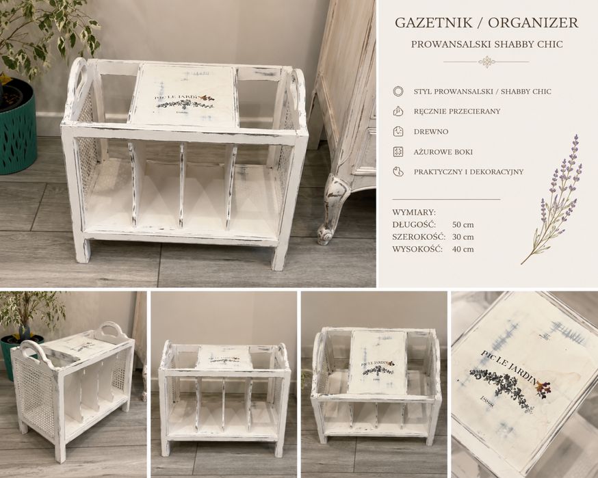 Drewniany gazetnik / stojak prowansalski shabby chic | ręcznie przecierany | 50 × 30 × 40 cm