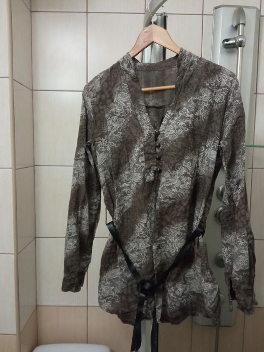 Elegancka XL bluzka koszulowa damska brązowa bawełniana