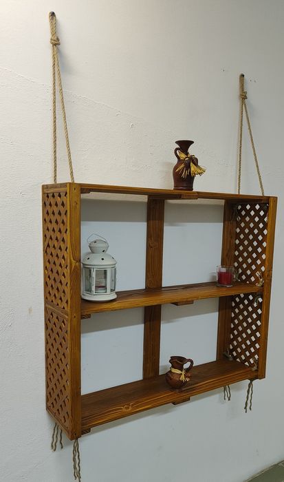 Rustic Shelf/Wine Rack with Lateral Slats and Sisal Rope64398345385474120