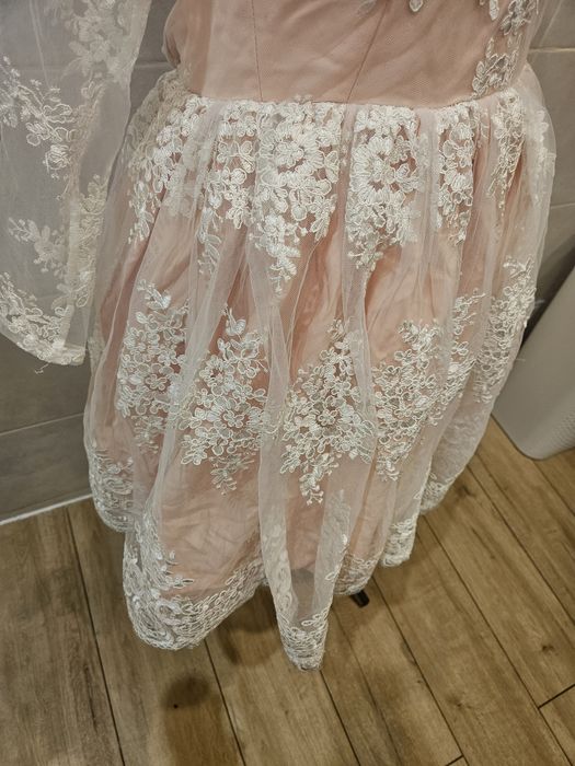 Pudrowy róż sukienka siateczka balowa tiul koronka xs