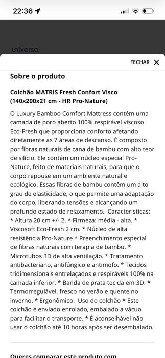 Colchão novo, apenas foi aberto e não dá para devolver ao fornecedor. (140x200x21 cm - HR Pro-Nature)