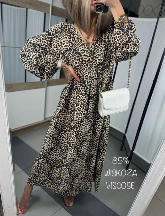 Długa maxi luźna panterkowa sukienka zwierzęcy print XL