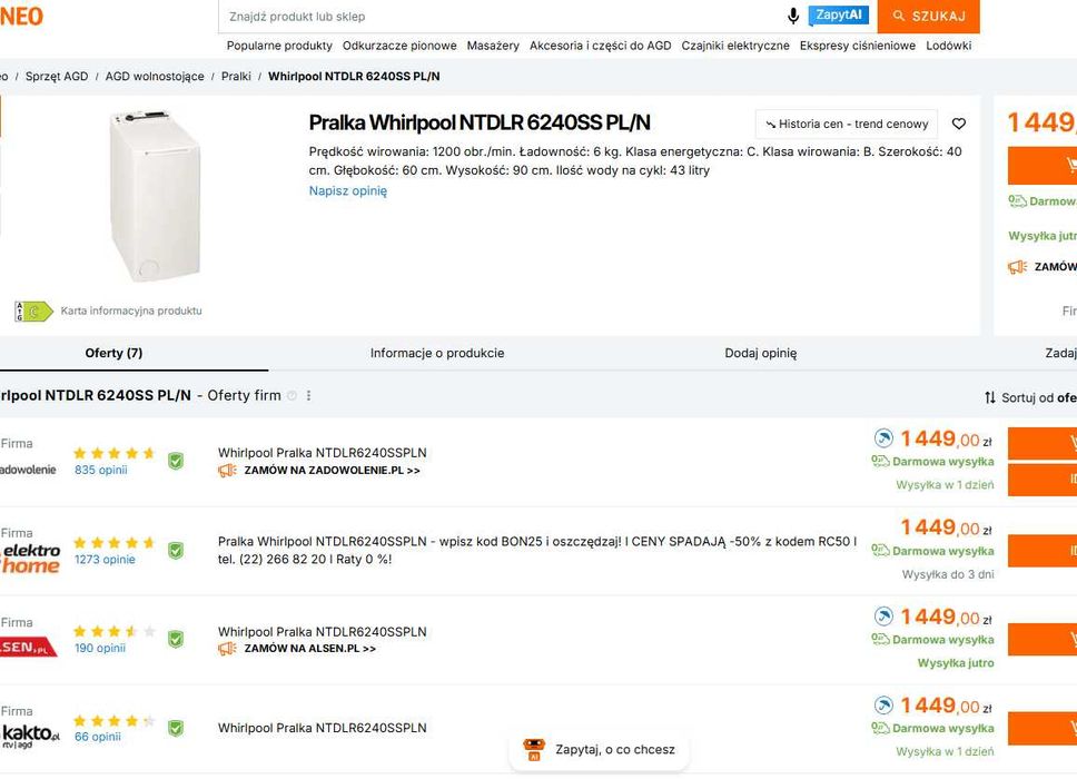 NOWA Whirlpool ładowana góra Pralka NTDLR6240SSPLN gwar 2 lata X4