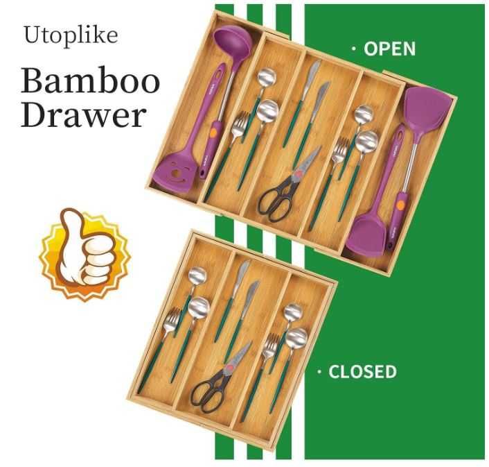 Bambusowy organizer na sztućce z 5 przegrodami regulowana wielkość