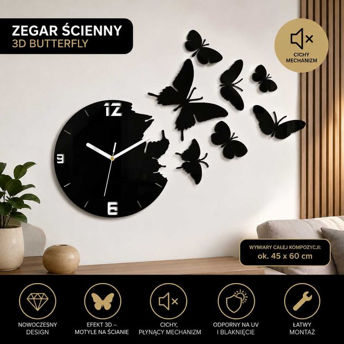 ZEGAR ŚCIENNY 3D Butterfly – Czarny