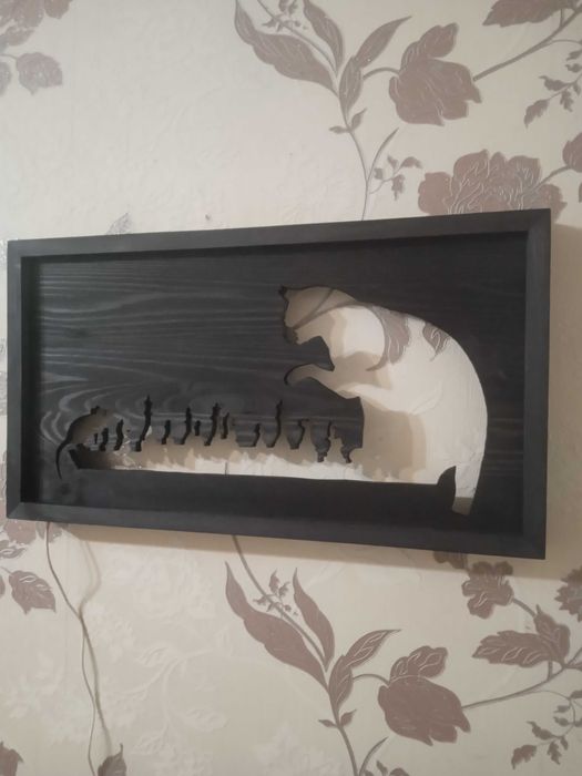 Картина "Кіт, Миша і Шахи" з дерева і підсвіткою на пульту