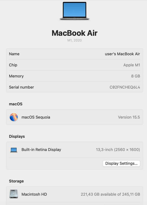 Macbook Air M1 8/256 Space Grey