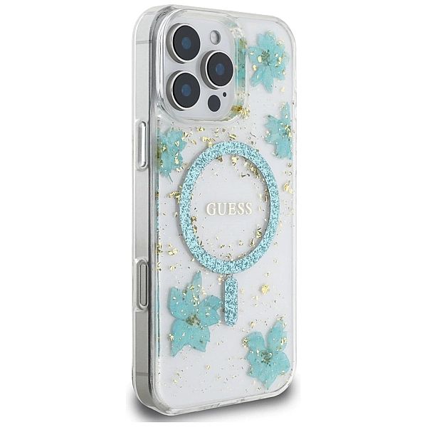 Etui Guess Resin Flowers Glitter MagSafe na iPhone 16 Pro - przezroczy