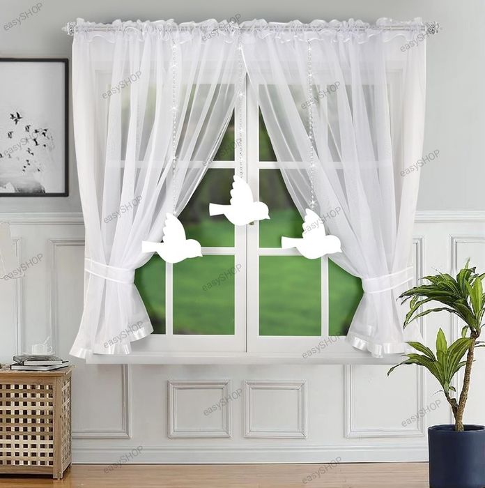 ‼️ WYPRZEDAŻ ‼️ Firana 150x400 z kryształami i filcowymi ptaszkami