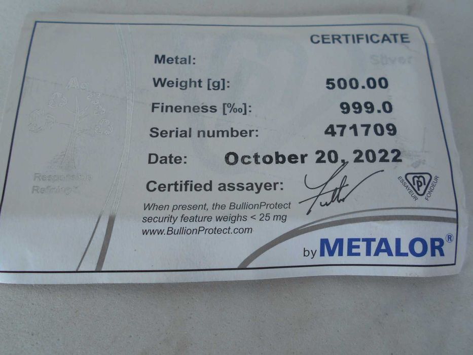 Barra de Prata Metalor de 500 gr.