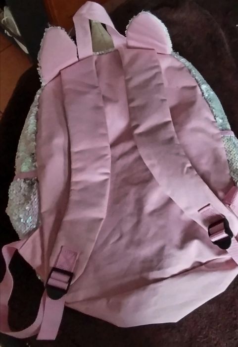 Mochila unicórnio lantejoulas prata e rosa