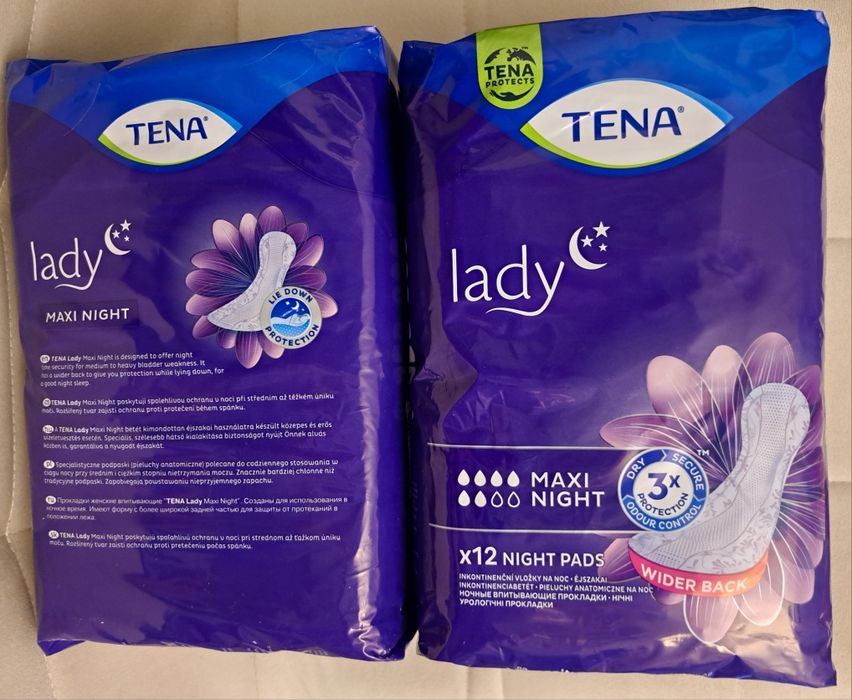Tena maxi night po 12szt-2 paczki-24szt wkładki podpaski pieluchy anatomiczne szerszy tył bardzo chłonne specjalistyczne ochrona skóry chloną zapach