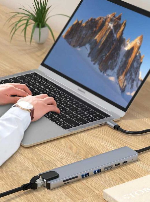 Adapter HUB 8W1 z Kablem USB C HDMI SD Micro SD USB 3.0 RJ-45 LAN