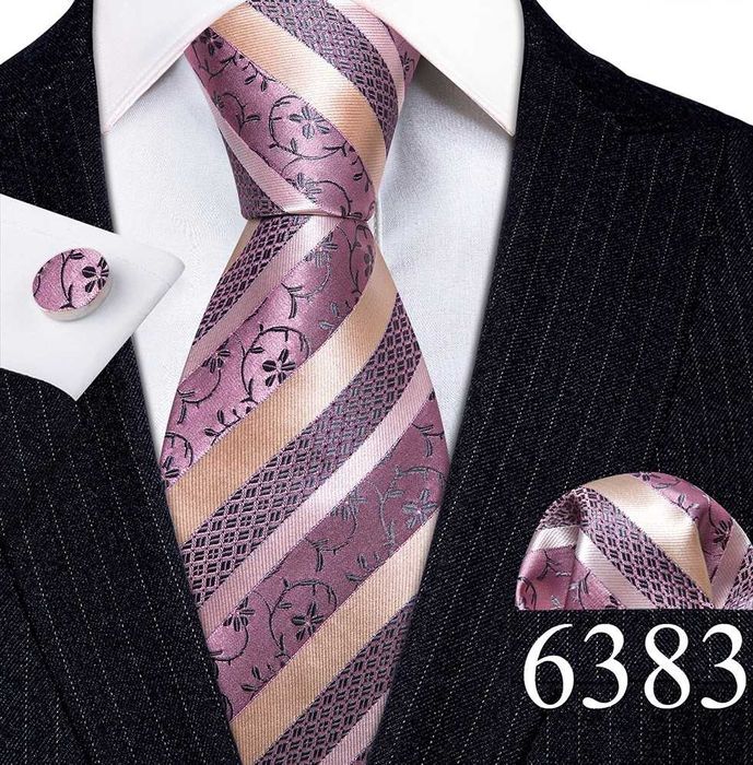 Komplet JEDWABNY Krawat Poszetka Spinki różowy złoty beż