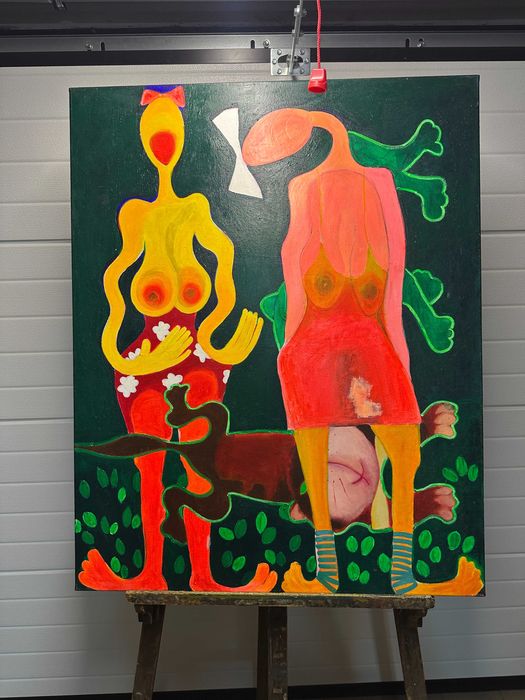 Duży Obraz 100x80 cm – Surrealizm / Art Brut, Akty, Psy, Nowoczesny