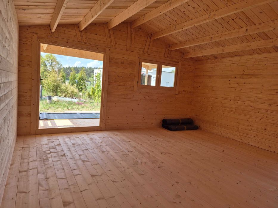 piękny MASYWNY domek drewniany + TARAS* 8m x 5m*40 m2*SCIANY aż 45 mm