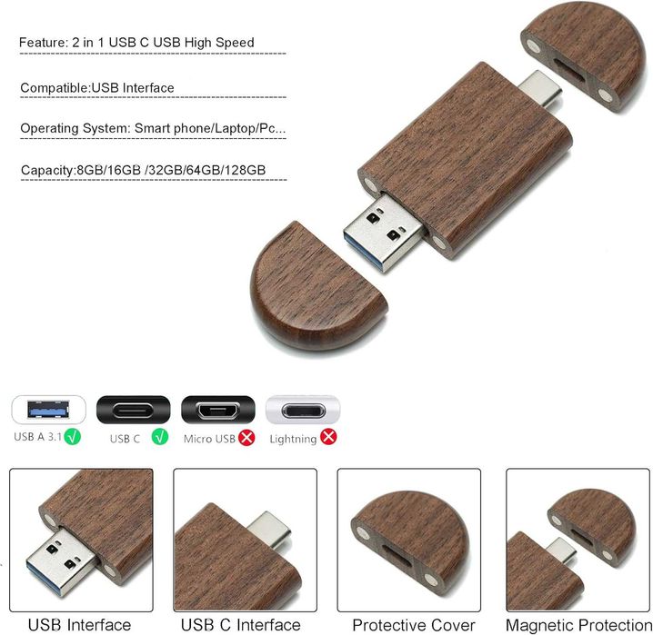Pamięć USB z litego drewna 128 GB USB i USB-C