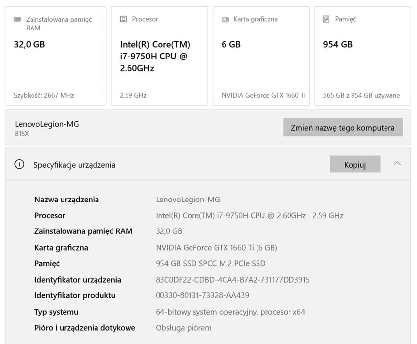 Lenovo Legion Y540 i7-9750H / 32GB RAM / 1660 Ti / Stan BDB