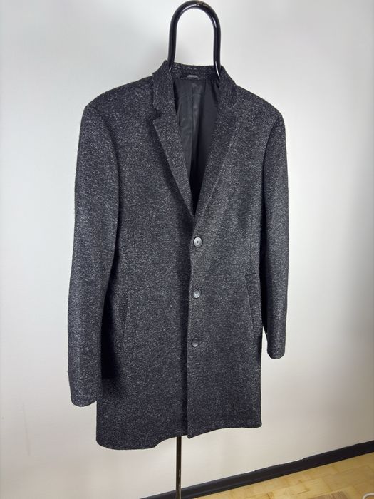 Calvin Klein – męski płaszcz wełniany Fitted | grafit | roz. 48 | Made in Portugal