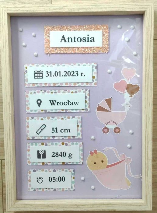 Ramka, pamiątka, obrazek, urodziny, chrzest, metryczka - dziecko - k/m
