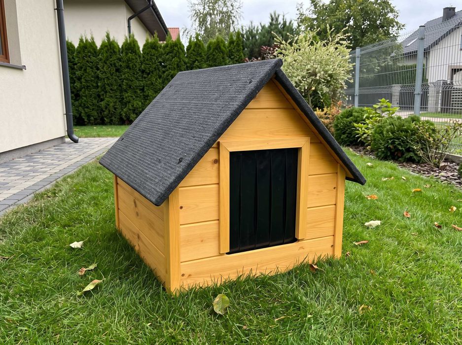 PRODUKCJA NOWA Buda Dla PSA Ocieplana M Drewniana 82x69x59 Cm Teak Z Dachem Z Papą, Kurtyną Wejściową I Styropianem 2 Cm Do Ogrodu