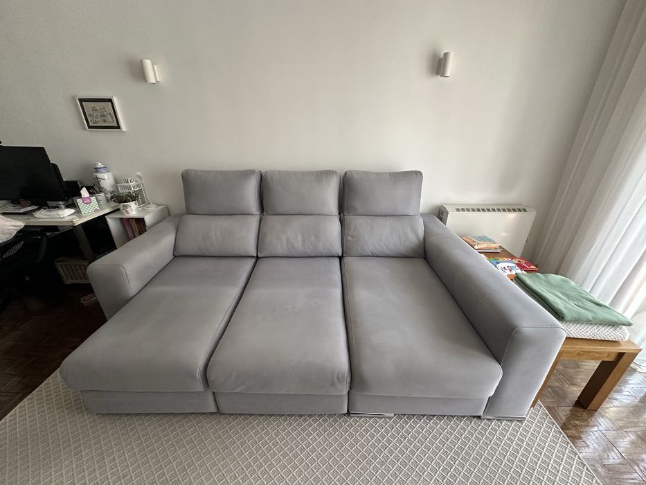 Sofá tecido 3 pessoas cama chaise long