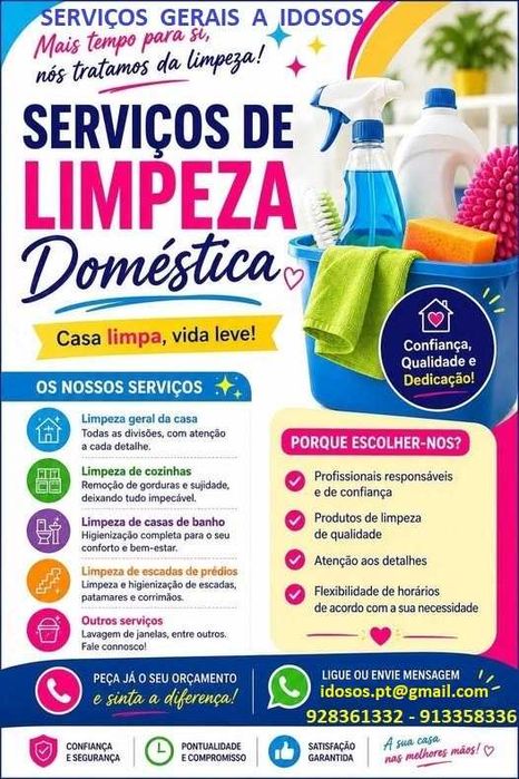 Tomamos conta de serviços gerais a pessoas  idosas. Fazemos todos serviços limpezas e manutenção casa e obras etc ...a pessoas idosas