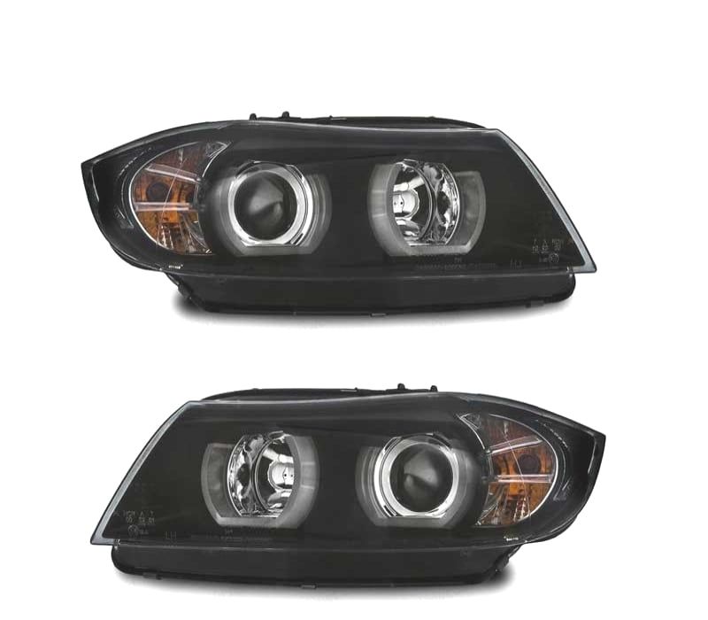 FARÓIS BMW E90 E91 05-08 XENON ANGEL EYES U LED 3D NEG