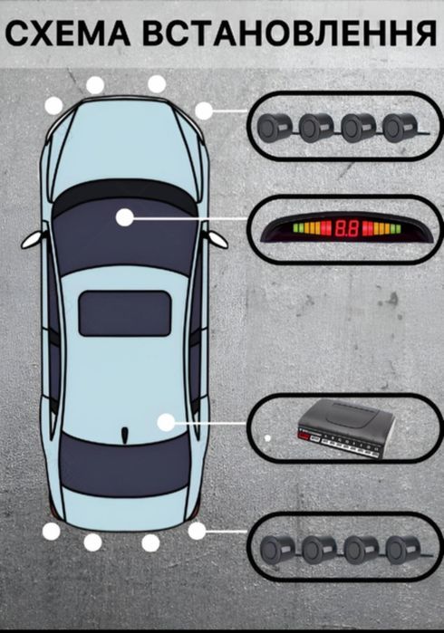 Парктронік на 8 датчиків, паркувальна система Premium Parking Assistant Sensor з LED дисплеєм