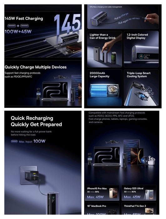 baseus power bank 20000mAh 65W, 145W,з вбудованим кабелем,швидка заряд