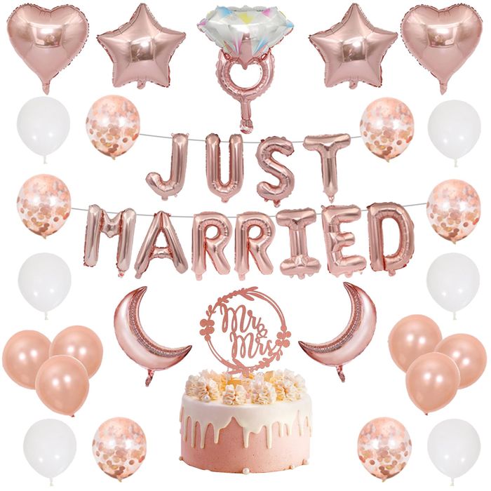 Just Married Wedding Decor Set - Balloons & Garland - Rose Gold 41pcs