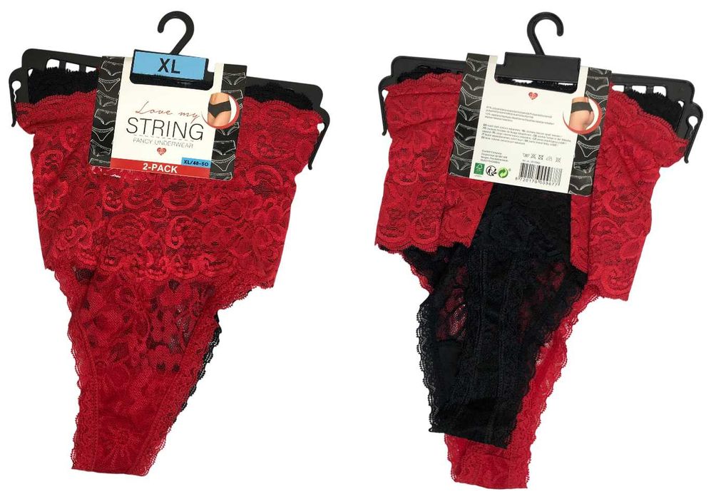 2546 Majtki Damskie Stringi Koronkowe Czarne Czerwone 2pack XL