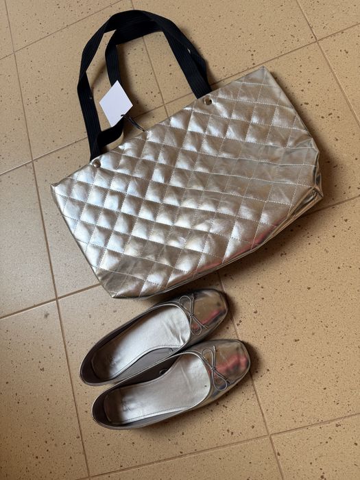 Zestaw srebrne baleriny r.38  i torebka typu shopper
