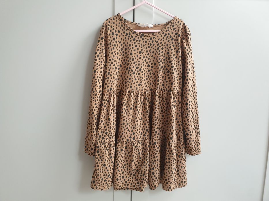 Brązowa beżowa sukienka w panterkę kropki H&M 134